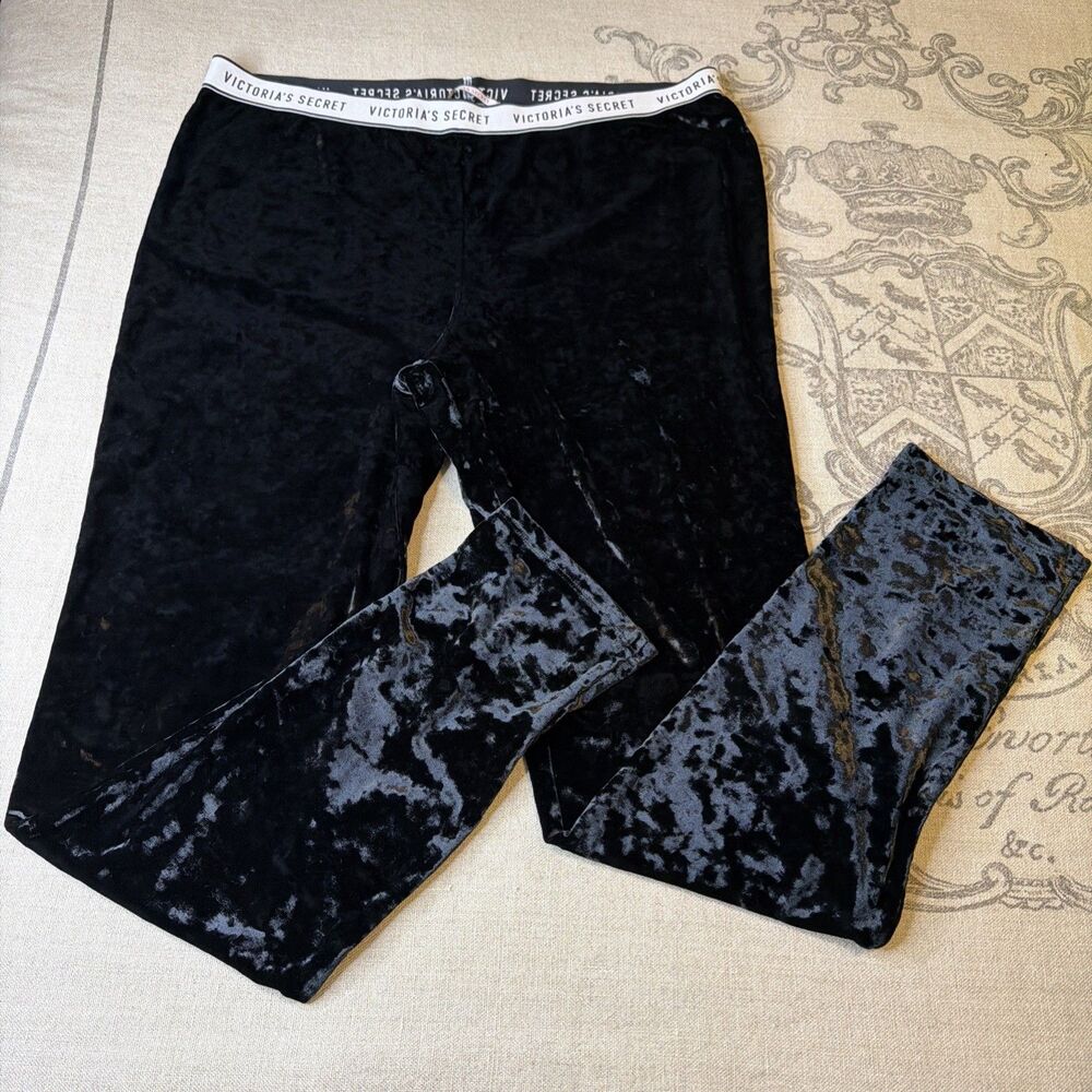 Victoria’s Secret Black Crushed Velvet Logo Leggings XL Y2K Streetwear Glam